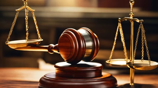 A balanced scale symbolizing law and justice, set against a backdrop of a gavel and legal documents.